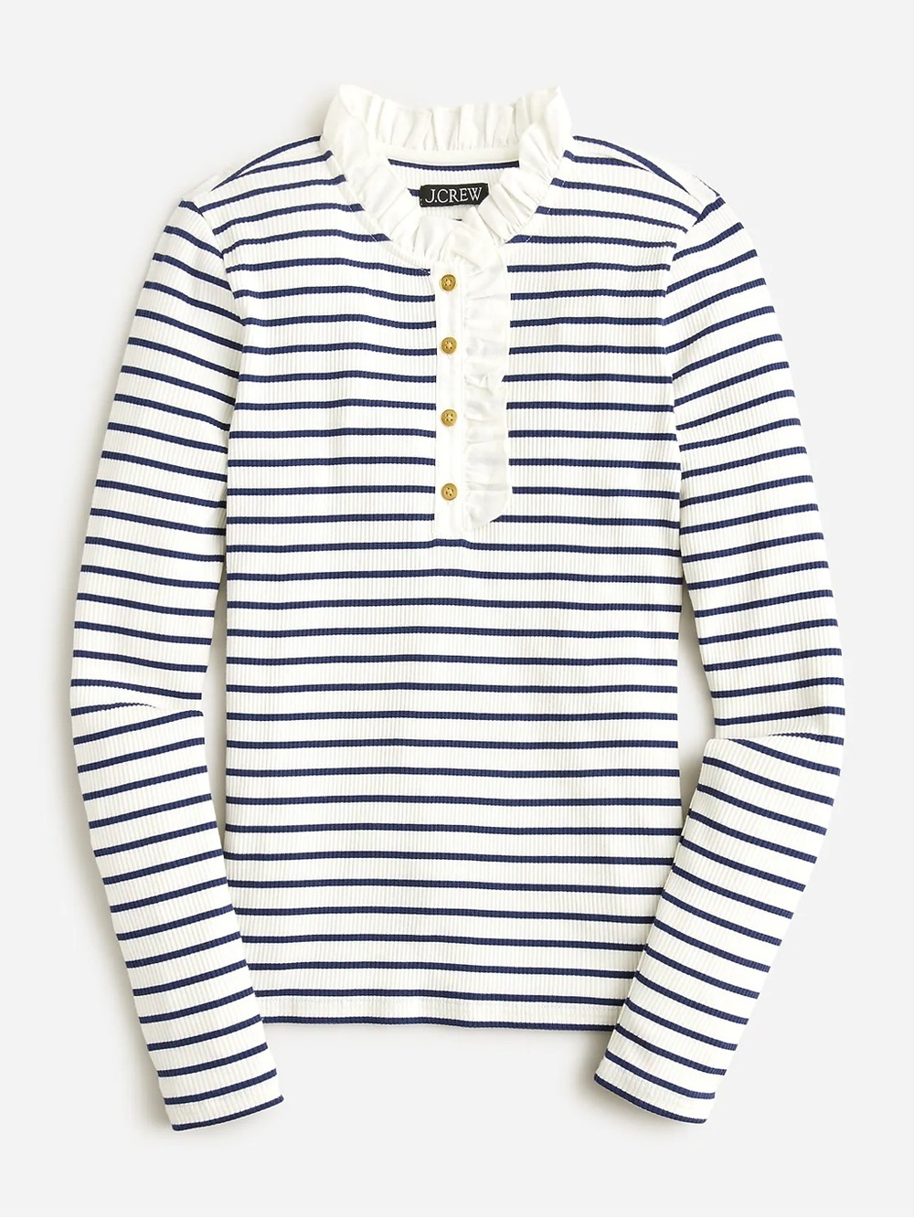 J. Crew White and Navy Striped Ruffle Henley Long-Sleeve Top